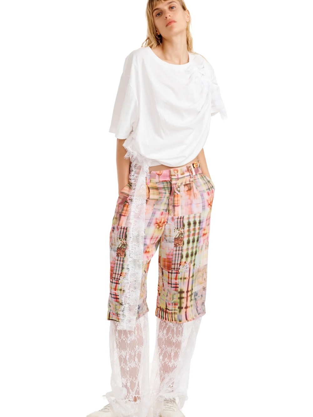 Collina Strada White Lace Eva Tee Asymmetric Draped Cotton T-Shirt Whimsy